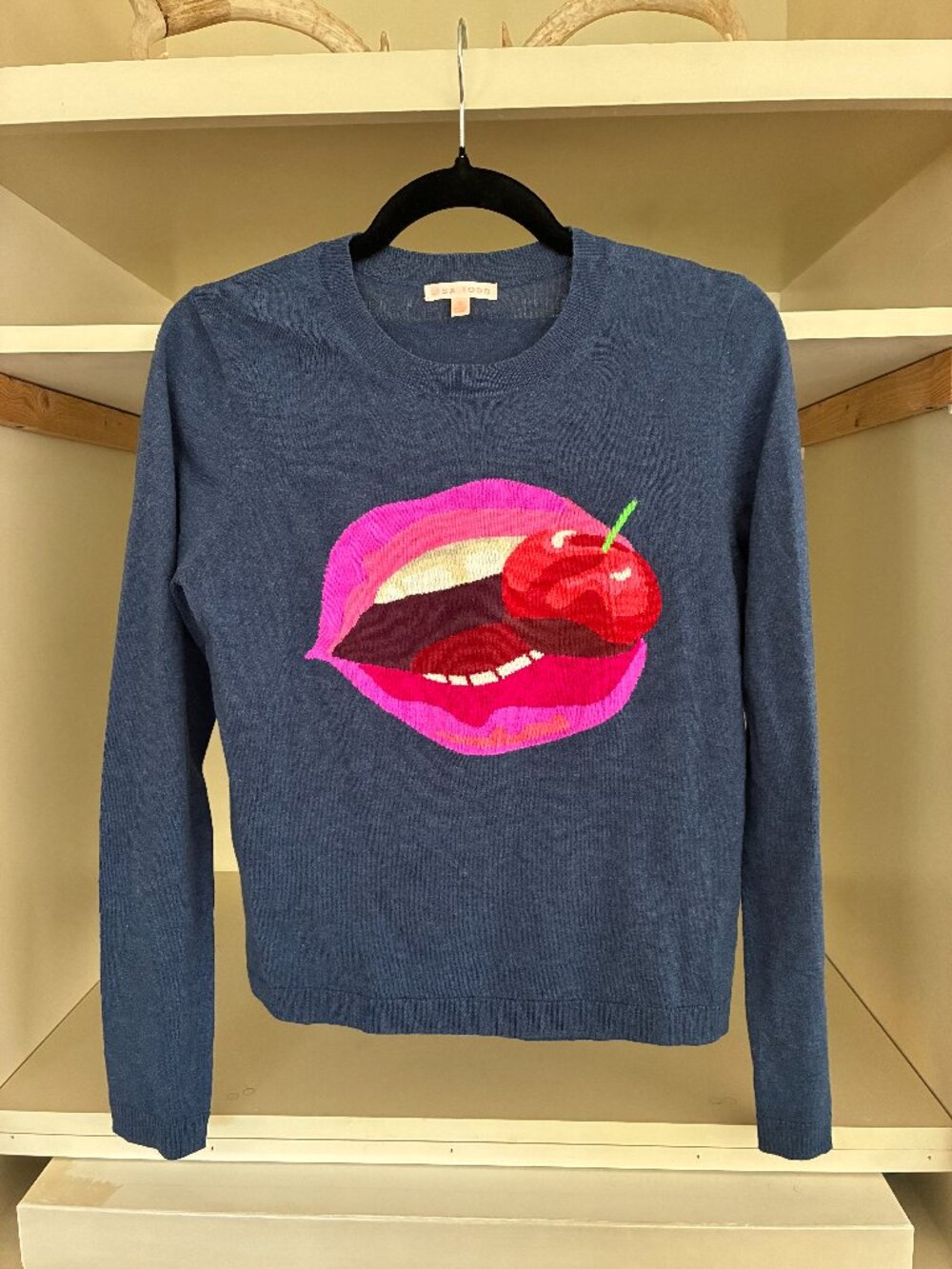 Lisa Todd Mouth with Cherry Blue Crewneck Sweater